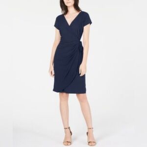 New! INC International Concepts v-neck faux wrap dress, cap-sleeve, blue, small